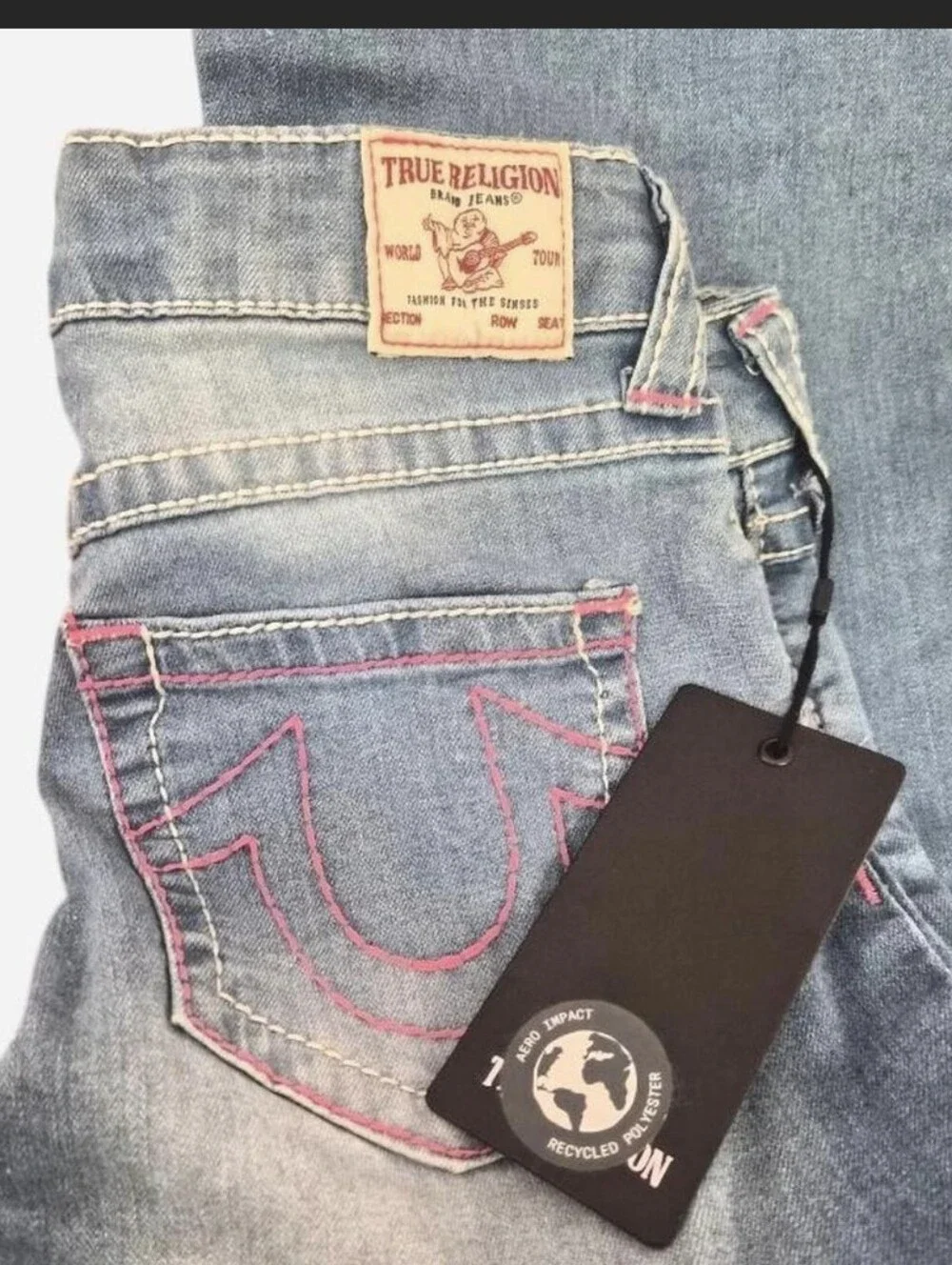 True Religion Light Blue Cargo Wide-Leg Jeans with Pink Stitching